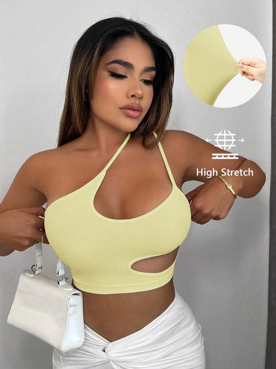 SHEIN SXY 大码女式纯色镂空设计露脐吊带背心 - 淡黃色 - 查看 1