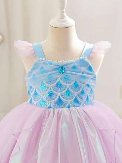 SHEIN Glamorique Kids Young Girl' Princess Dress, Spaghetti Strap Cap Sleeve, Purple, Sequin, Ball Gown Dress, Birthday Party, Wedding, Holiday, Elegant Formal Dress