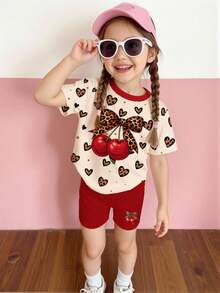 Young Girls Casual Leopard Print & Cherry Pattern Round Neck Short Sleeve T-Shirt And Red Shorts Set - Multicolor - View 1