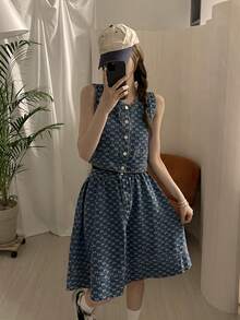 DAZY Women's Textured Washed Denim Sleeveless Loose Fit Skirt Suit, Korean Style - Blue - View 10