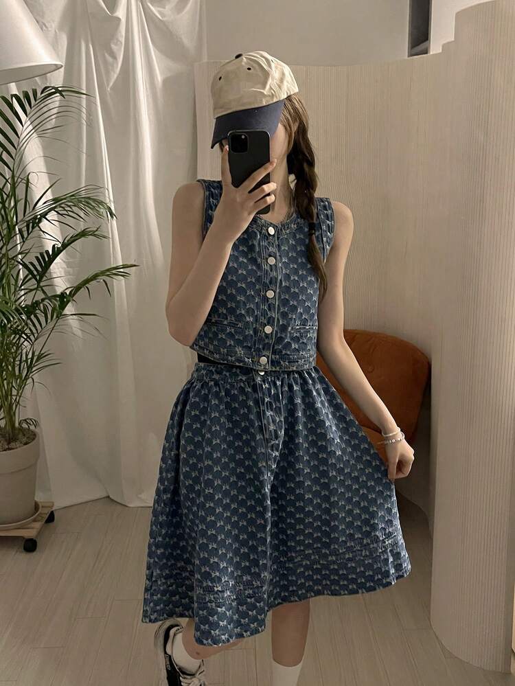 Women's Textured Washed Denim Sleeveless Loose Fit Skirt Suit, Korean Style