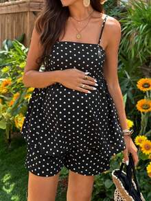 SHEIN Maternity Polka Dot Print Camisole And Adjustable Waist Shorts Casual 2 Pieces Set - Black - View 3