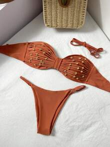 Swim Vcay Ensemble de maillot de bain 2 pièces avec Top bandeau à bretelles réglables et bas à taille coulissante avec perles - Lie de vin - Voir 3