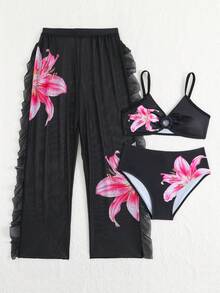 SHEIN 少女比基尼套装三件套泳衣，粉色荷叶边三角上衣，三角泳裤，长款纱笼式裹身裙，时尚休闲优雅，适合游泳、度假、夏季穿着（随机印花）。花朵泳衣，黑色花朵泳衣，芙蓉花泳衣，少女花朵印花泳装，两件套泳衣，三件套泳衣套装，比基尼两件套泳衣套装，花朵比基尼三件套泳衣，少女泳衣两件套，黑色少女泳衣，黑色少女泳衣，13岁比基尼，女士夏季套装，女士夏季套装，夏季女士套装 - 黑色 - 查看 6