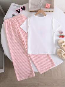 Sparklyn 女童休闲可爱格子樱桃印花T恤和裤子套装 - 彩色 - 查看 2