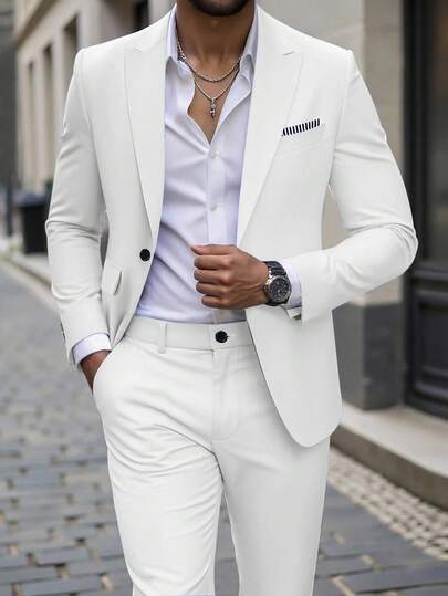 Manfinity Mode ชุดสูทลำลองสำหรับผู้ชาย, เสื้อแจ็คเก็ตแขนยาวคอปกแบบมีรอยบากและกางเกงขายาว