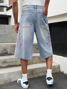 GALLERY FADE 男士休闲街头风刺绣蓝色牛仔短裤 - 淺色水洗藍 - 查看 2