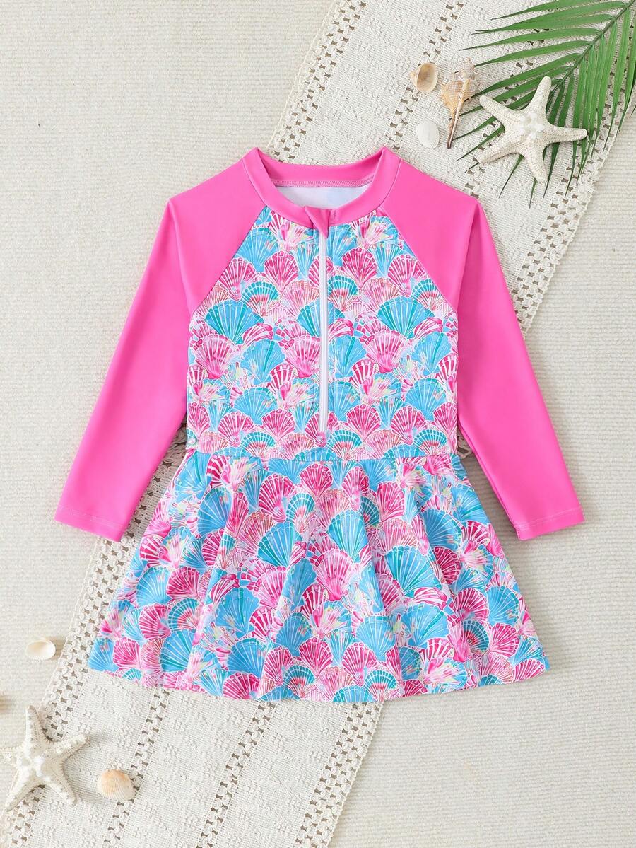 Young Girl Ocean Girl Style Blue Ombre Shell Print Solid Color Contrast Sleeve & Print Body Splice, Print Mock Neck, Front Zipper + Skirt Hem Design One-Piece Swimsuit, Knit Fabric, Fashionable, Casual, Elegant, Suitable For Swimming, Summer Vacation, Beach Rash Guard For Kids Girl Girls Modest Swimwear Kids Swim Wear For Girls Young Girl Swim Suit Beach Wear For Kids - Pink - View 1