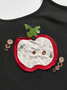 ROMWE Avant Women's Retro All-Match Versatile Apple Embroidered Floral Decorated Camisole - Black - View 3