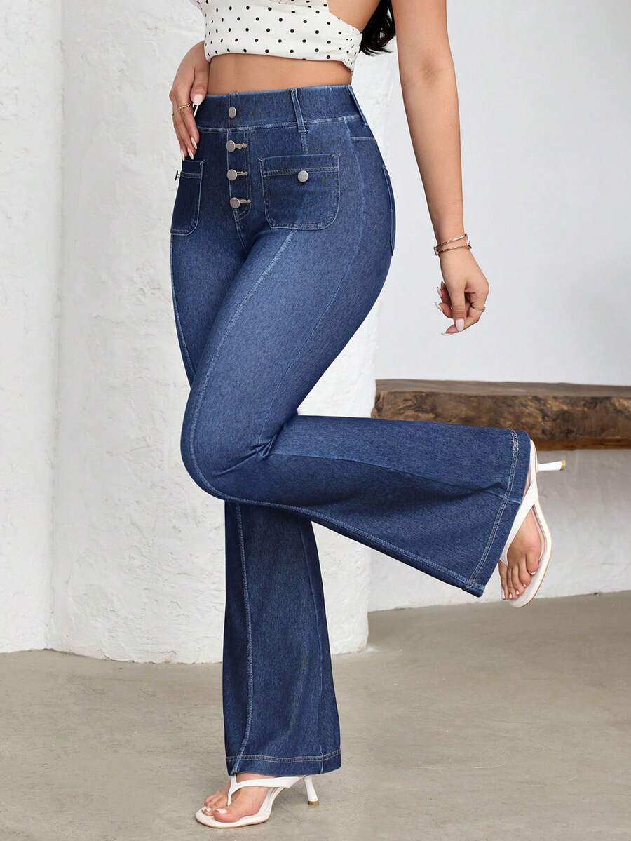 Flexra Women's Casual Washed High Waist Flare Leg Jeans - Blue - View 1