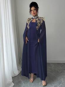 Rafferiza Women's Mandarin Collar Applique Split Long Sleeve Robe And Dress Fashionable Party Suit - Navy Blue - View 6