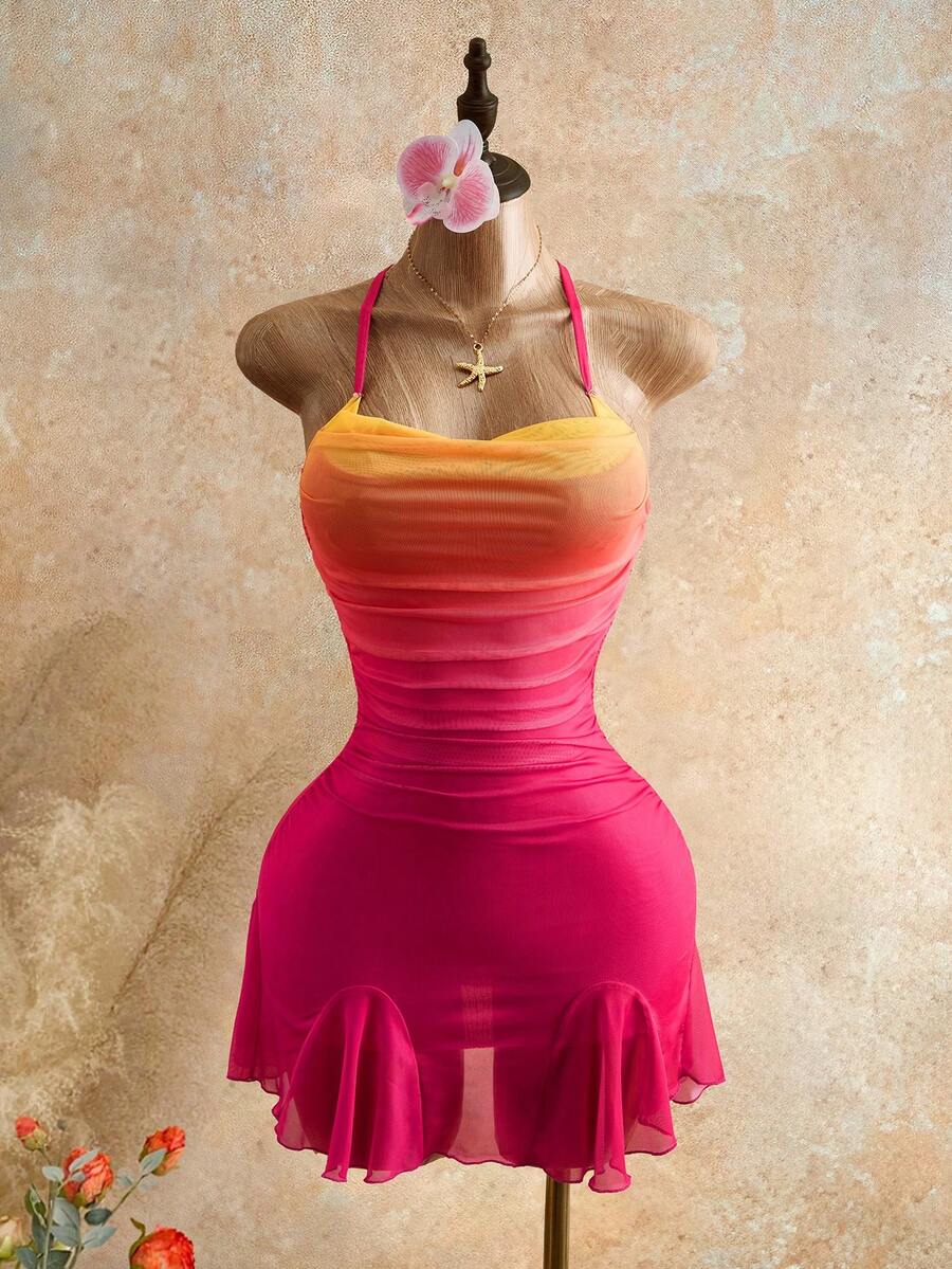 Mistrie New Sexy Slim Fit Backless Strapless Gradient Suspender Dress - Hot Pink - View 1