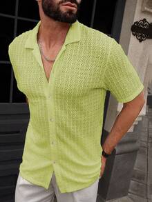 Manfinity Homme 男士休闲纯色短袖衬衫，夏季 - 綠色 - 查看 5