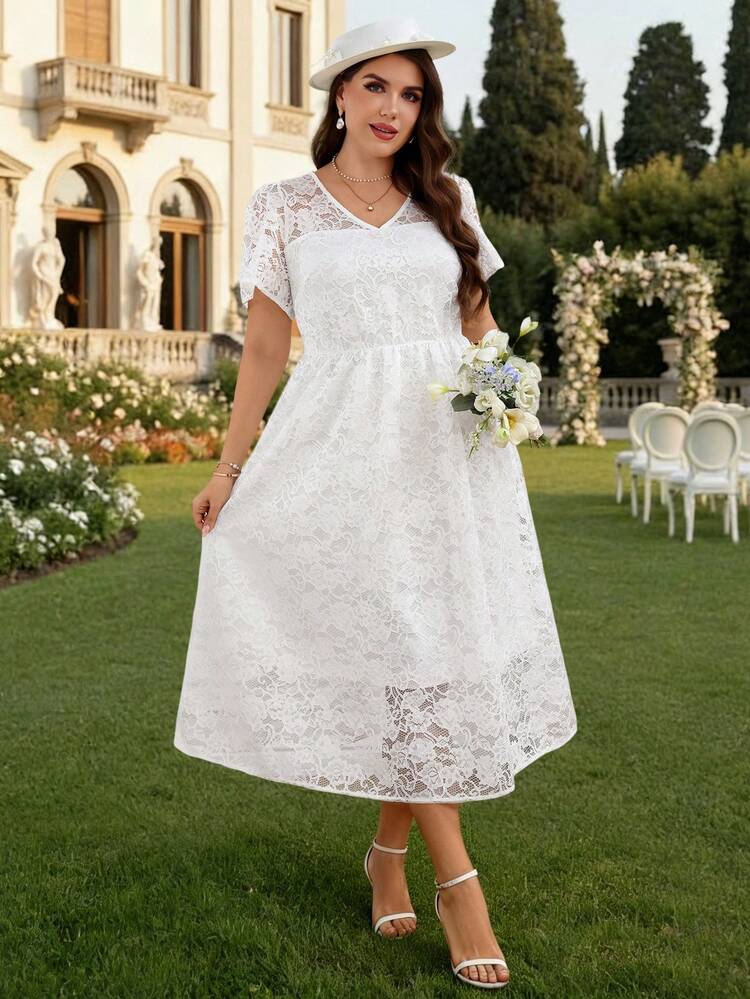 Plus Size Women Floral Lace V-Neck Short Sleeve Elegant Dress