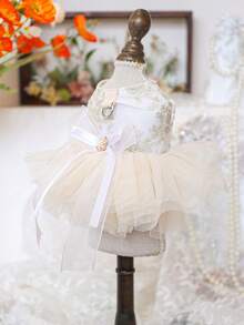 PETSIN 1pc Pet Luxury Princess Wedding Dress With Gold Flower Embroidery And Pearl Bow Decoration Dress, Spring/Summer Thin Style With Traction D-Button Cat/Dog Clothes - White - View 8