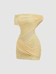 Sweetra Đầm chiffon xuyên thấu, gợi cảm, hở vai, xếp ly, phong cách Y2K, thích hợp cho kỳ nghỉ. - Màu vàng - Xem 1