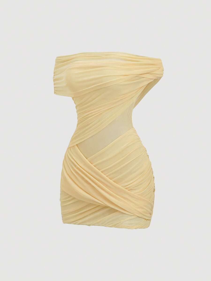 Sweetra Đầm chiffon xuyên thấu, gợi cảm, hở vai, xếp ly, phong cách Y2K, thích hợp cho kỳ nghỉ. - Màu vàng - Xem 1