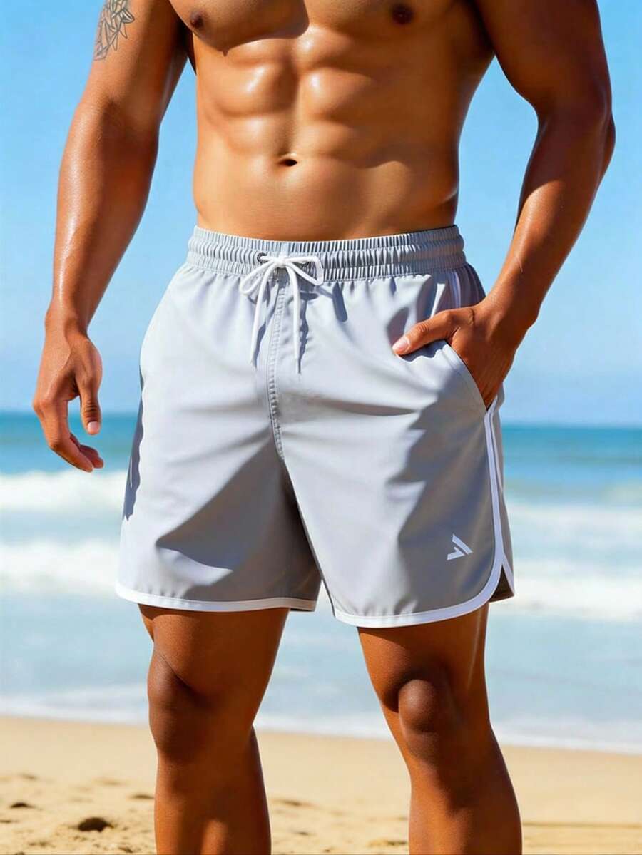 ZELFYO Men's Contrast Trim Casual Beach Shorts Swimming Shorts For Men Beach Wear Men Grey Shorts Men Mens Long Swim Trunks Workout Shorts For Men - Grey - View 1