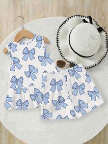 Baby Girls Blue Bow Tie Digital Print Sleeveless 2-Piece Set, Suitable For Summer Daily Wear, Outings, Travel, Vacation And Parties, Vacation Outfit - Multicolor - View 2