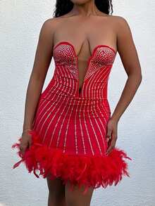 Tyla Gomez 女士水钻装饰深V领无袖迷你连衣裙，毛绒下摆，派对装 - 紅色 - 查看 5