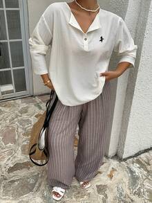Dazy Plus 2 piezas Conjunto de ropa de casa informal, blusa suelta con bordado de caballo y pantalones largos, pijama para mujer talla grande - Blanco - Ver 1