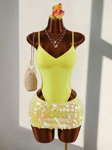 Amplova Conjunto de 2 piezas de mujer con camisola acanalada verde neón y minifalda ajustado con lentejuelas sexy - Amarillo - Ver 1