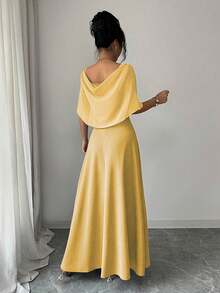 Modelyn Women's Square Neck Waist Gathered A-Line Long Dress, Elegant Romantic Everyday Wear - Yellow - View 2