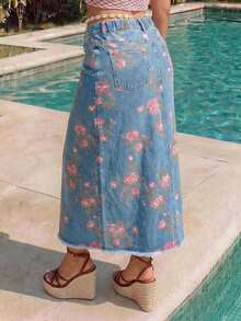 ROMWE Fairycore Váy denim dáng ôm xẻ tà dành cho nữ, in họa tiết hoa cổ điển, đã qua xử lý, cỡ lớn. - Màu xanh lam - Xem 7