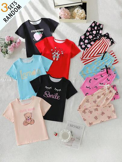 3pcs/Set Girls' Cute Letter, Strawberry, Fries, Stripe, Lemon Bear Graphic Print Short Sleeve T-Shirt + Pants Pajama Set, Suitable For Daily Home Wear (Random Assortment Of 3 Tops + 3 Bottoms)