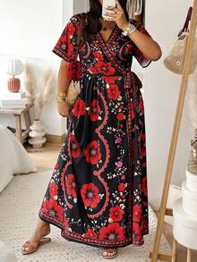 Vionelle Plus Size Women's New Elegant Spring/Summer Vacation Dress, Cardigan With Tie Belt, Digital Floral Print Maxi Dress, Loose Flowy Casual Short Sleeve Dress, Suitable For Outerwear, Vacation, Travel, Bohemian Style Elegant Plus Size Red Floral Print Long Boho Wrap Dress With V Neck Short Batwing Sleeves For Women, - Red - View 4