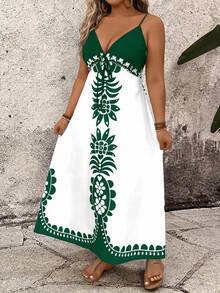 Breezaya Váy Cami buộc dây phía trước in họa tiết Plus - màu xanh lá - Xem 5