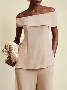 Travachic Women's Beige Elegant 2 Pieces Set,Summer Off-Shoulder Crop Top&Straight Leg Pants,Holiday Tea Party,Casual Beach Vacation,Wedding Guest,Work Outfits - White - View 4