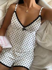 CovetEZ 女士休闲褶皱荷叶边蕾丝边两件套，女士春夏休闲吊带背心，春夏上衣，黑白波点撞色蕾丝吊带背心，圣诞上衣，波点上衣，甜美波点上衣，黑白波点蕾丝拼接吊带背心（春季款），波点上衣，波点两件套，女士套装，两件套女士夏季服装，两件套可爱女士服装，两件套女士度假服装套装，女士夏季套装，两件套女士休闲上衣 - 彩色 - 查看 5