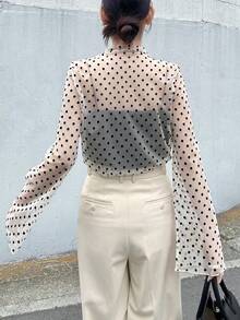 FRIFUL 女士薄纱波点印花喇叭袖衬衫，春夏款 - 粉色 - 查看 3