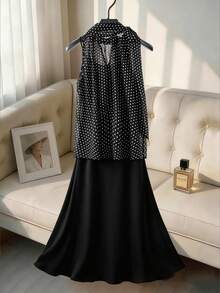 GlowEve 女士雪纺黑色波点系带无袖上衣 + 黑色吊带连衣裙两件套 - 黑色 - 查看 2