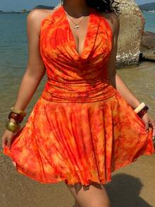 Sunnyshic Plus Size Women's Mesh Printed Neon Orange Halter Neck Sleeveless Mini Dress, Backless, Suitable For Summer Vacation, Beach, Tropical Style - Orange - View 5