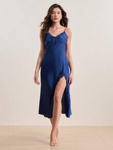 Camisón de satén con vestido de noche con abertura en el muslo y ribete de encaje - Azul Marino - Ver 1