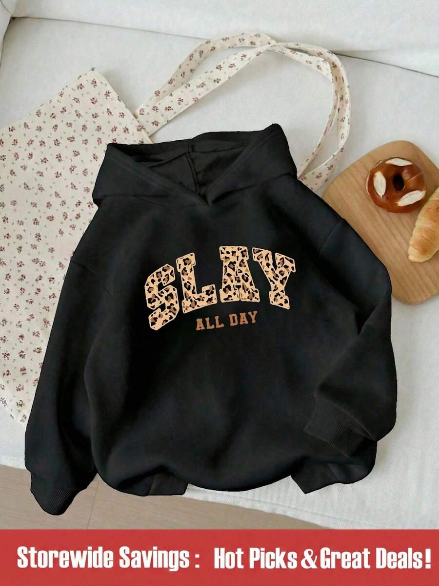 SHEIN Young Girl' Casual Fashionable Leopard Print Letter Sweatshirt, Autumn/Winter ,Graphic Tees,Winter Clothes,Autumn Fall Fashion Kitty Love - Black - View 1