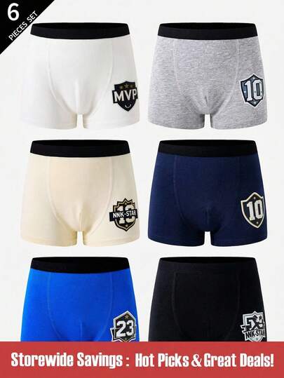 SHEIN Explorewe 6pcs/Pack Colorful Sports Number Print Cotton Boxer Briefs For Teenage Boys