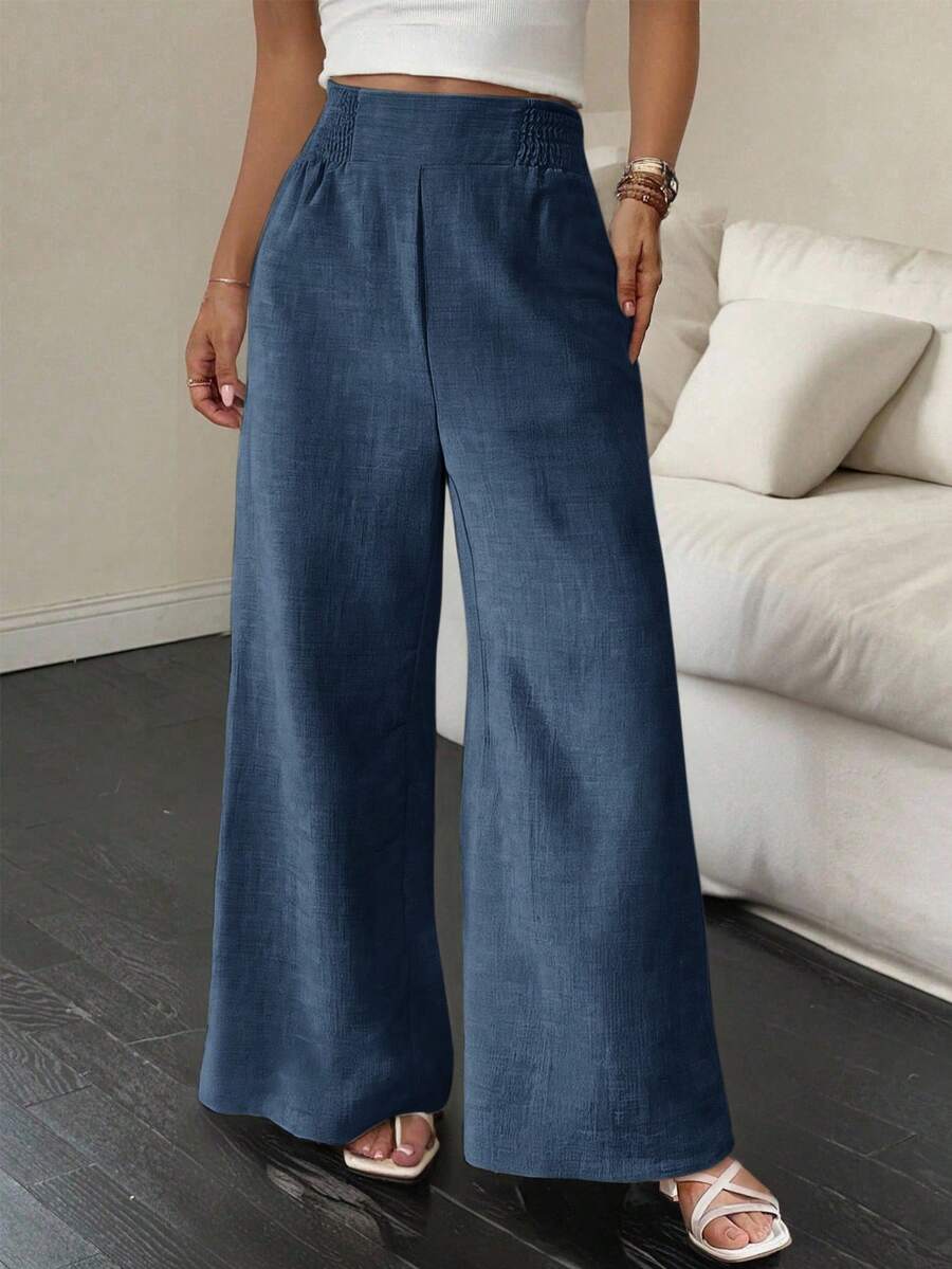 SHEIN Essnce 夏季裤子女士条纹抽绳腰直筒宽松休闲裤 - 藏蓝色 - 查看 1