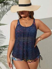 SHEIN Swim Curve 大码女士印花网纱拼接吊带泳衣套装，成熟保守运动沙滩度假风 - 彩色 - 查看 1