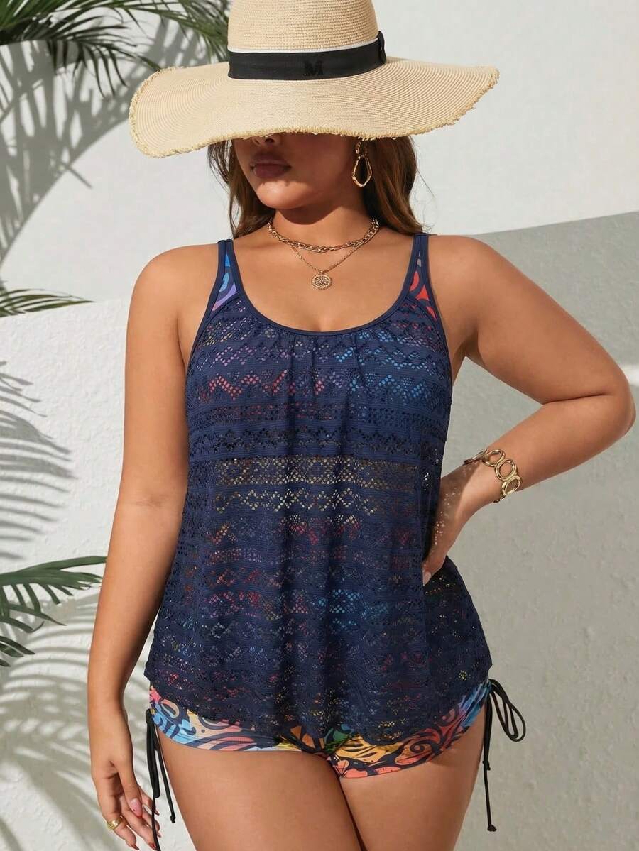 SHEIN Swim Curve 大码女士印花网纱拼接吊带泳衣套装,成熟保守运动沙滩度假风 - 彩色 - 查看 1