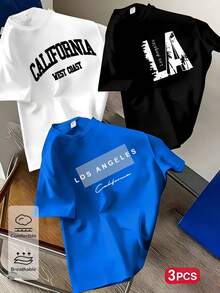 3pcs/Set Boys' Casual Fashionable Los Angeles California Graphic Print Short Sleeve T-Shirts, White/Black/Blue, Comfortable Summer School Daily Wear - Multicolor - View 1