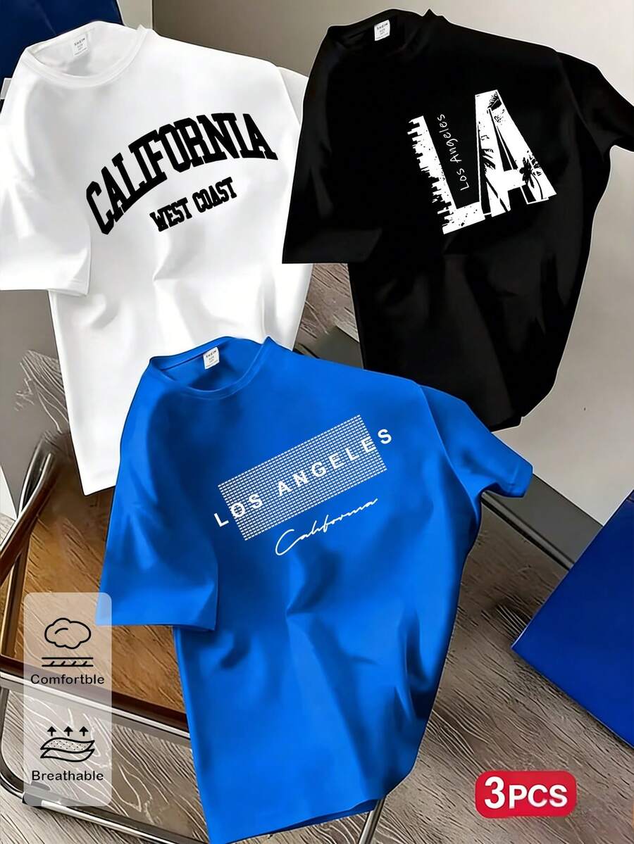 3pcs/Set Boys' Casual Fashionable Los Angeles California Graphic Print Short Sleeve T-Shirts, White/Black/Blue, Comfortable Summer School Daily Wear - Multicolor - View 1