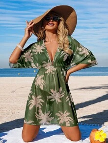 Swim Lushoire 女士沙滩度假连衣裙，V领印花收腰七分袖罩衫连衣裙，春夏款 - 綠色 - 查看 5