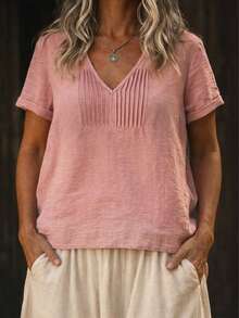 Breezaya 女士纯色V领休闲百搭日常短袖衬衫 - 粉色 - 查看 1