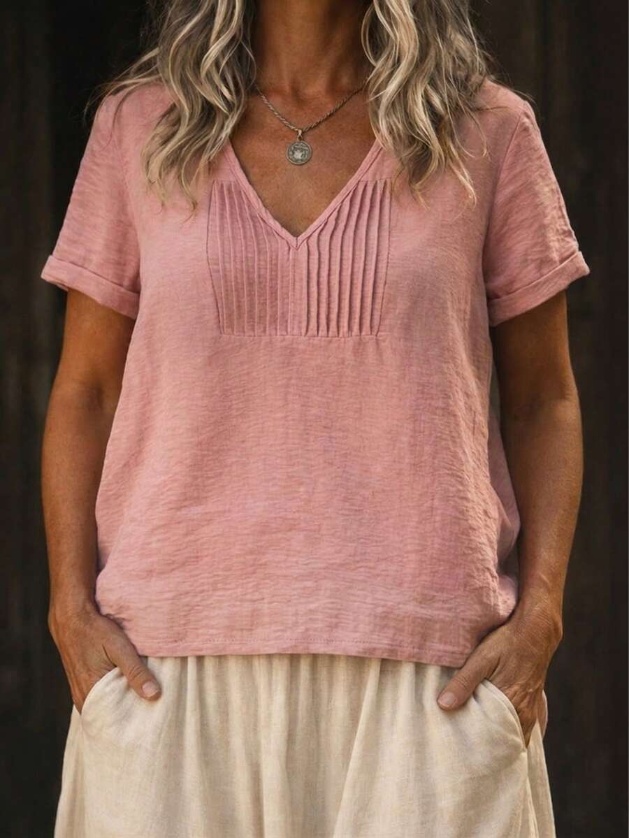 Breezaya 女士纯色V领休闲百搭日常短袖衬衫 - 粉色 - 查看 1