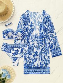 Swim Vcay 3pcs Printed Tankini Swimsuit Set With Push Up Underwire - Blue - View 3