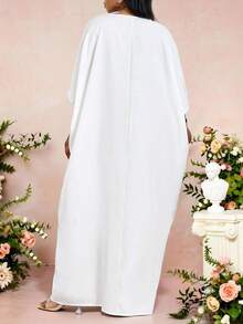 SHEIN Lady 大码夏季优雅拼接蕾丝蝙蝠袖宽松连衣裙 - 白色 - 查看 3