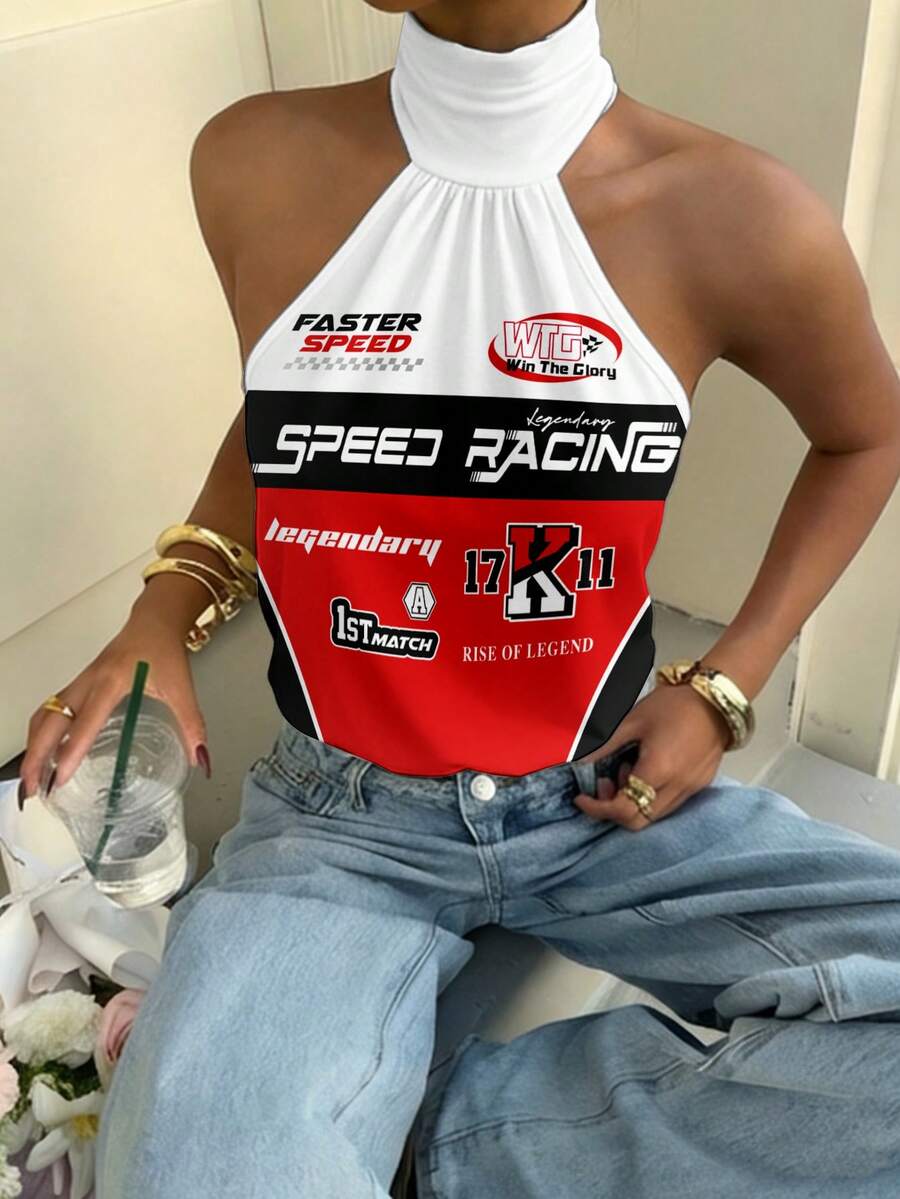 Muchica 女士赛车号码印花时尚露背吊带背心 - Y2K 复古街头风，适合外出、西部音乐节、可爱家居服、返校季、运动服、Z世代夏季骑行及运动装扮 - 彩色 - 查看 1